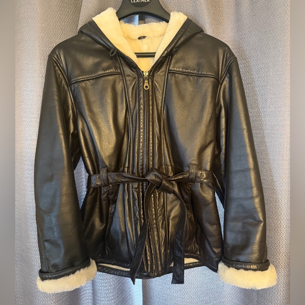 Wilsons Leather Dark Brown Leather Coat, Hooded and Faux Fur Lined